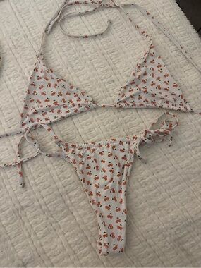 White Cherry Print Triangle Bikini Set